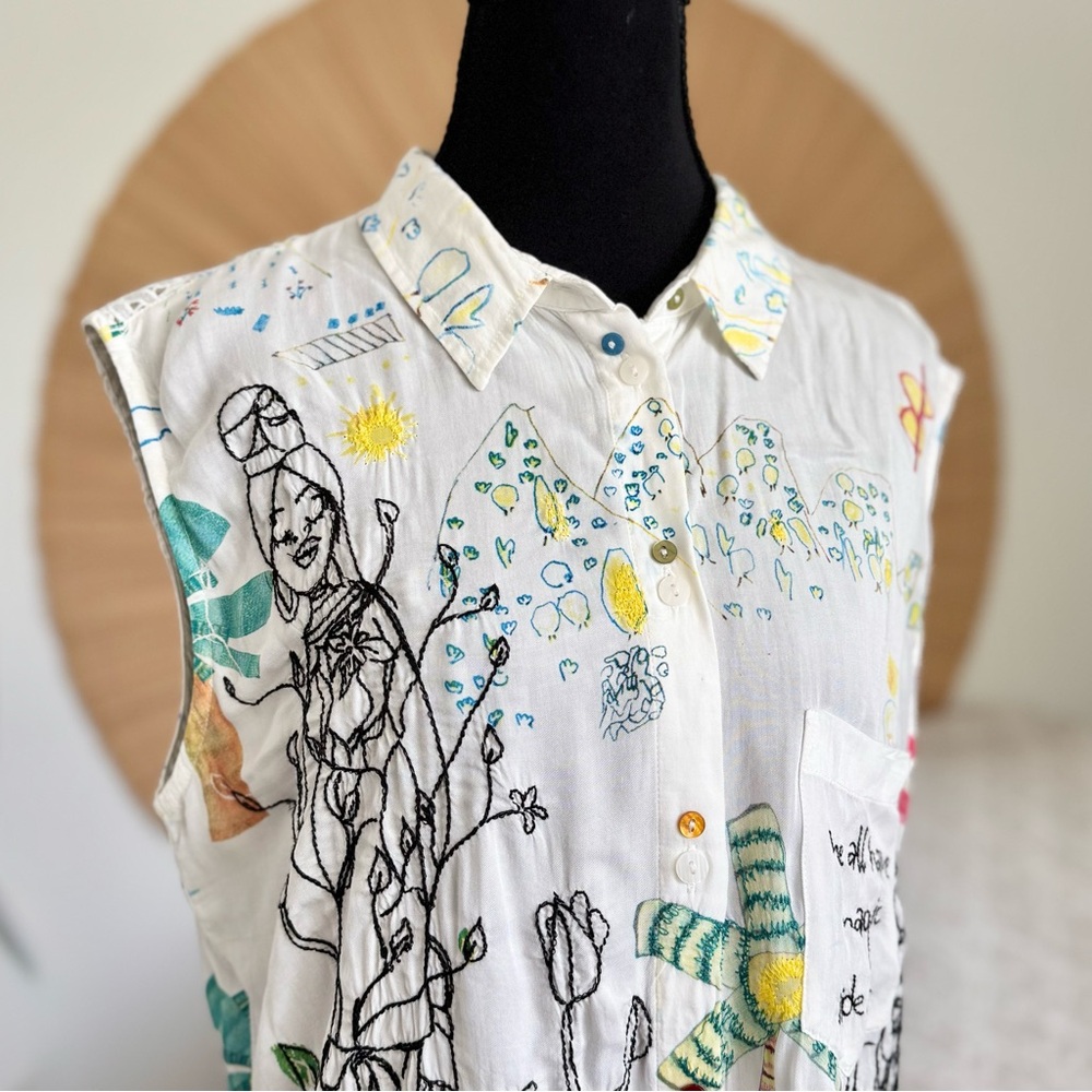 Desigual Open Galaxy Abstract Embroidered Button-Down 🎨 size Large